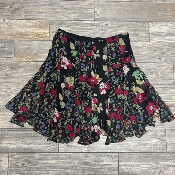 Lauren Ralph Lauren Ruffled Floral Georgette Skirt Size 12 Black Multi Floral - Picture 4 of 15
